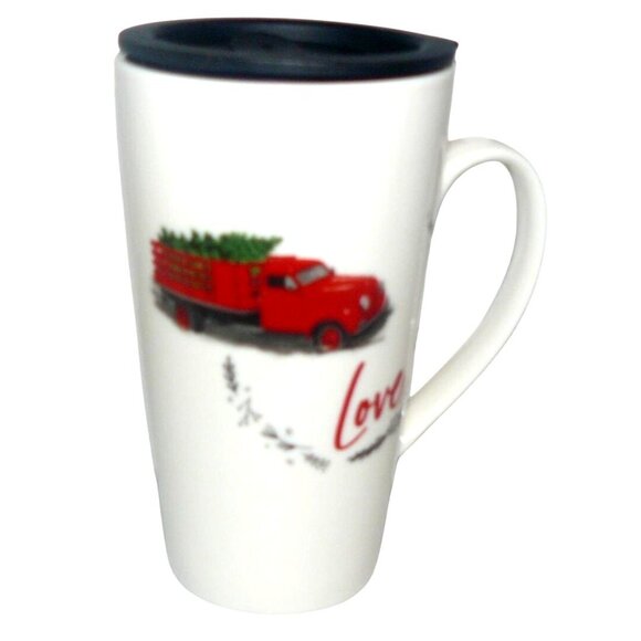 Peace On Earth Love Latte Mug w Lid 16 Oz Bone China Red Truck Design NIB NWT - Picture 2 of 4
